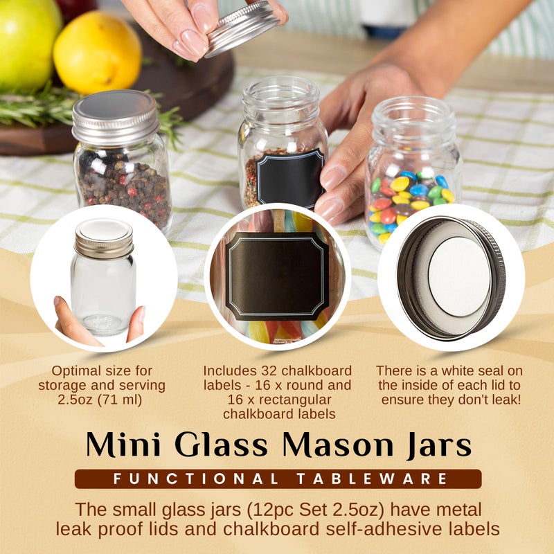 Hayley Cherie 2.5oz Small Mason Jars with Stainless Steel Lids & Chalkboard Labels (12 Pack) Airtight Mini Mason Jars for Party Favors, Spices, Jam, Honey, Candy, Shot Glasses, Wedding, Gifts, Tiny Glass Bottles - Image 2